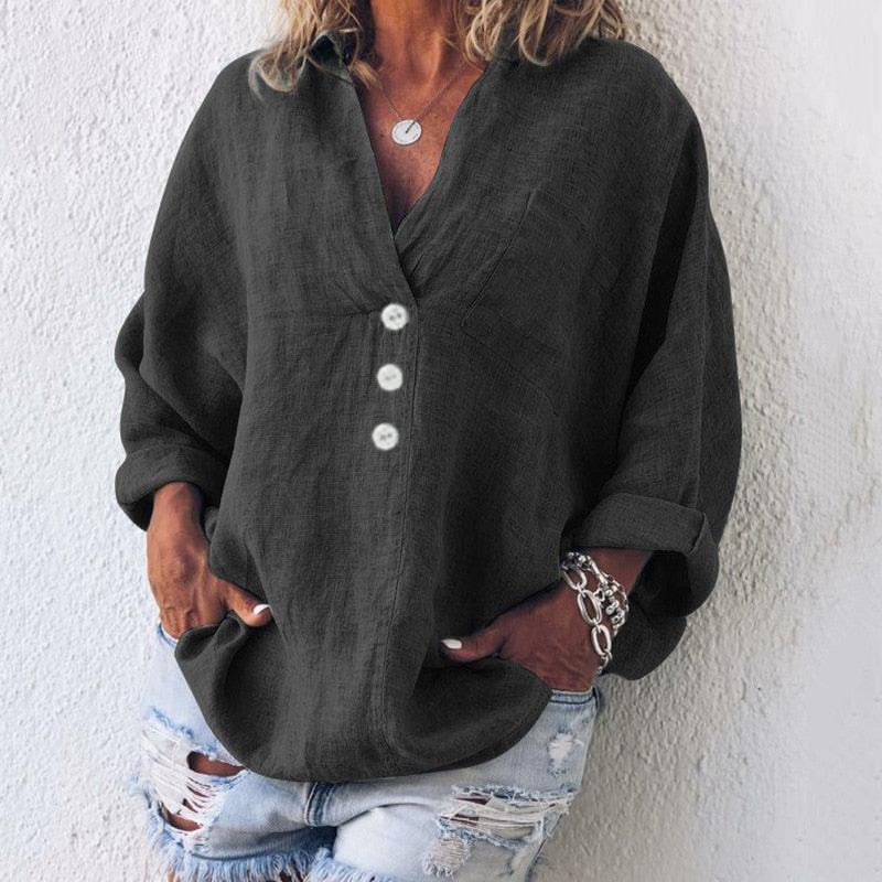 Leinenbluse mit V-Ausschnitt für Damen
