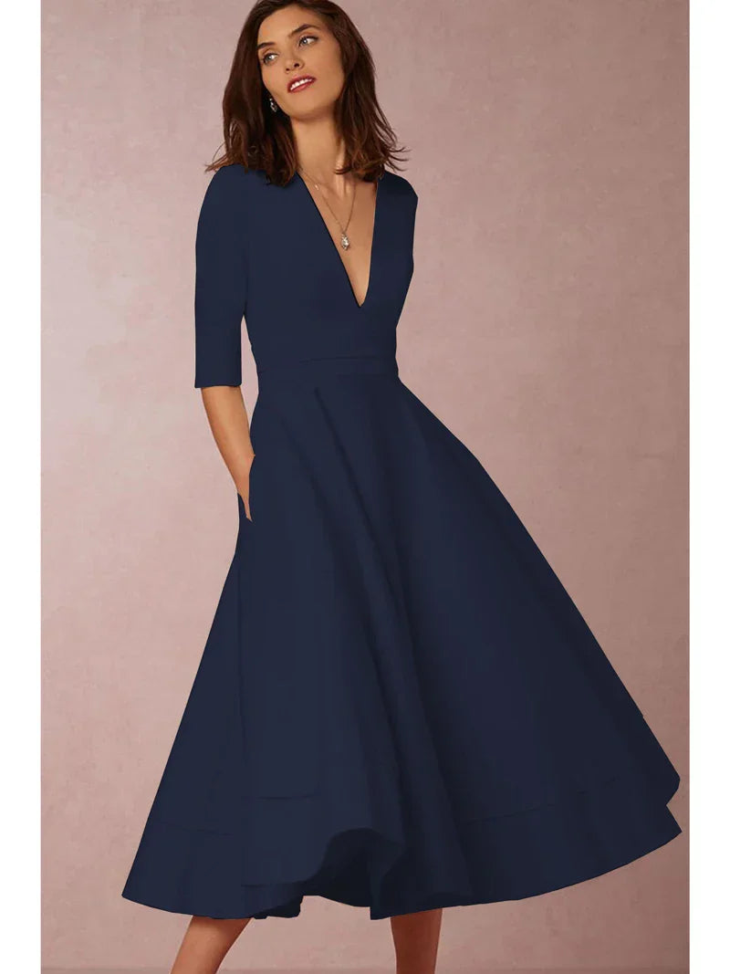 Damen Midi Kleid mit tiefem V-Ausschnitt und Dreiviertelärmel