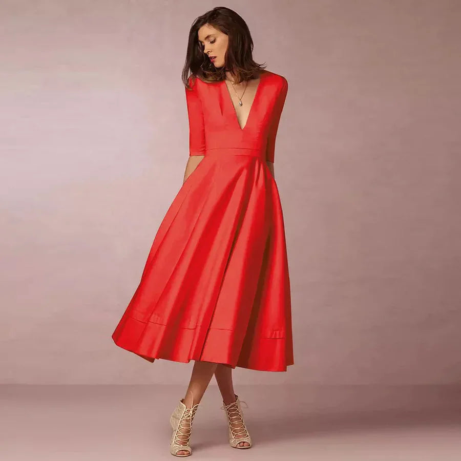 Damen Midi Kleid mit tiefem V-Ausschnitt und Dreiviertelärmel