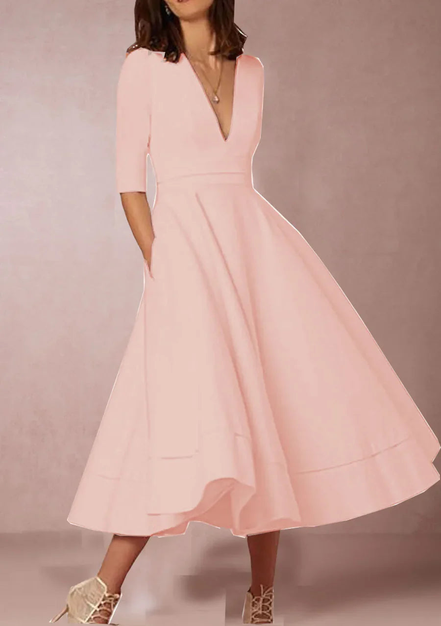 Damen Midi Kleid mit tiefem V-Ausschnitt und Dreiviertelärmel