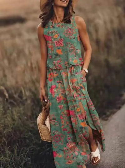 Damen Sommer Maxikleid mit grafischen Drucken und Seitenschlitz