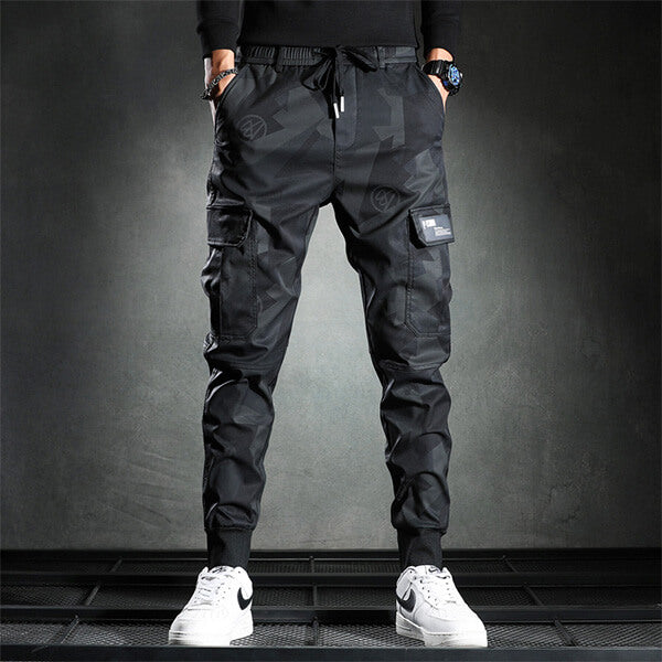 Herren Schwarze Cargohose mit Kordelzug