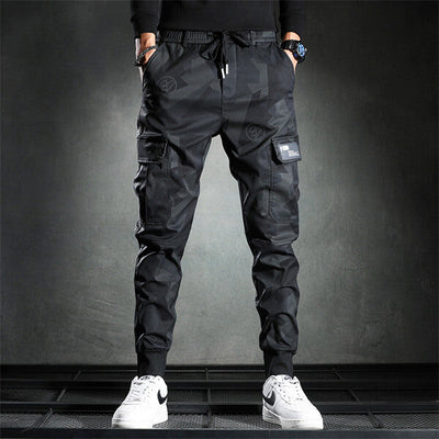 Herren Schwarze Cargohose mit Kordelzug