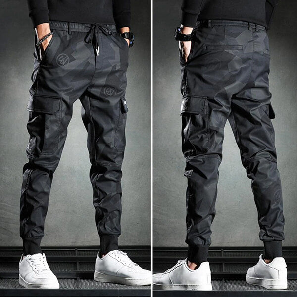 Herren Schwarze Cargohose mit Kordelzug