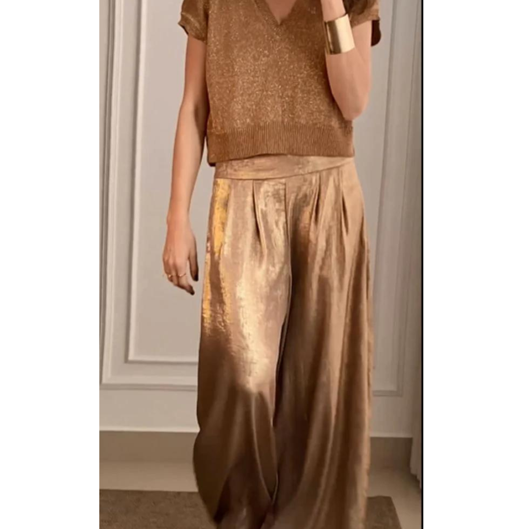 Damen Sommer Set mit V-Ausschnitt Oberteil und weiter Hose