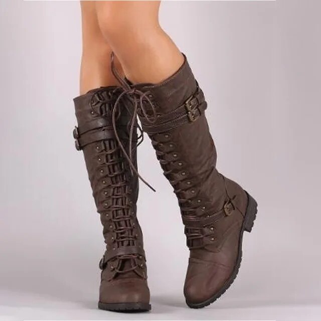 Damen Kniehohe Stiefel mit Schnürverschluss