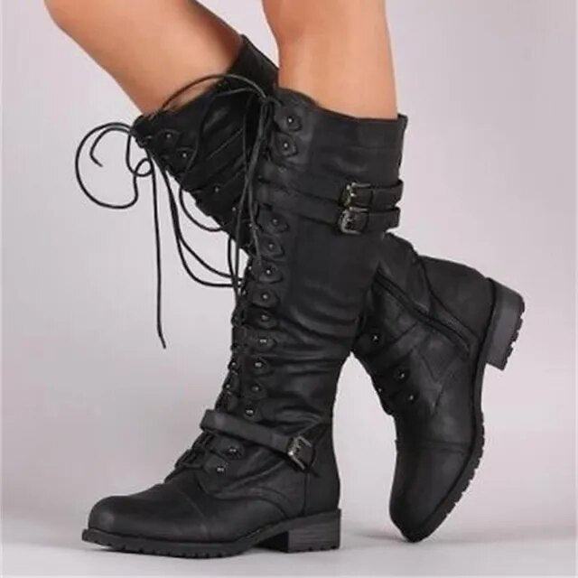 Damen Kniehohe Stiefel mit Schnürverschluss