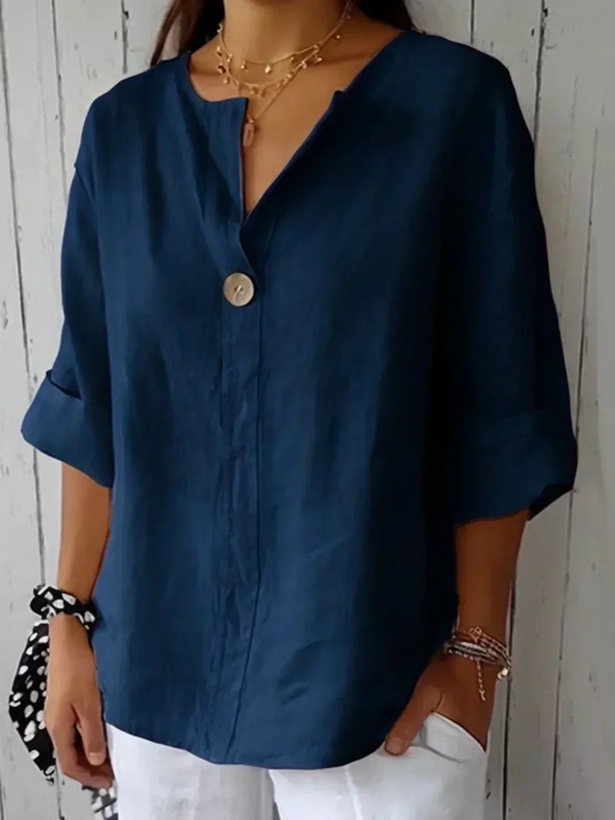 Damen Sommerbluse mit V-Ausschnitt und Ein-Knopf-Verschluss