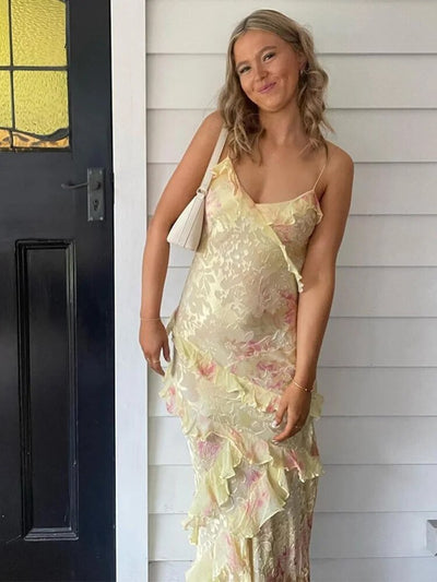 Damen Maxikleid für den Sommer mit V-Ausschnitt und Spaghettiträgern