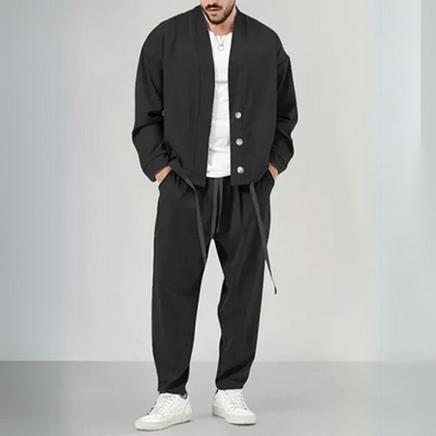 Geknöpftes Cardigan- & Kordelzug-Hosen-Set für Herren