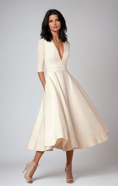 Damen Midi Kleid mit tiefem V-Ausschnitt und Dreiviertelärmel