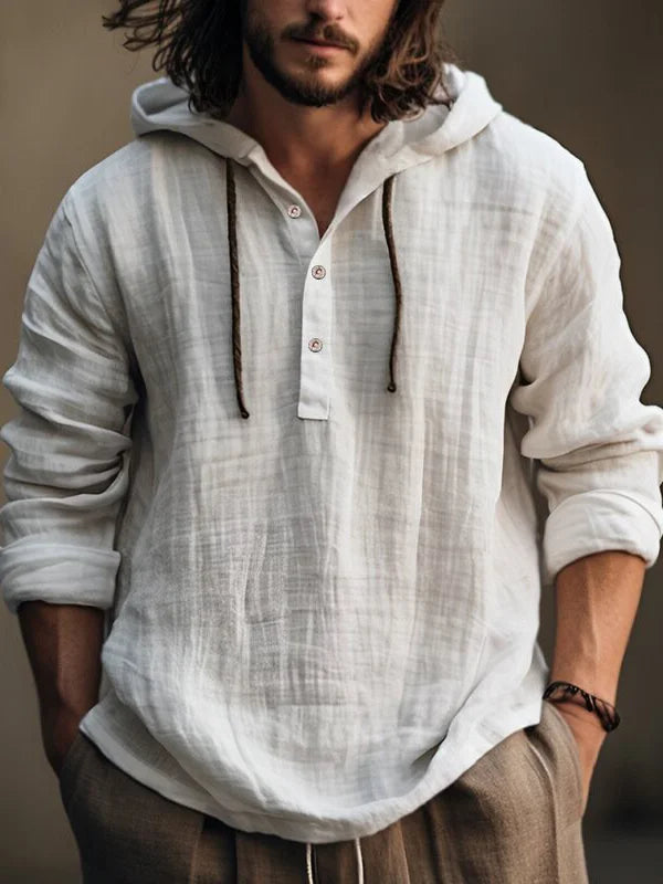Herren Leinen Hoodie mit langen Ärmeln und Knopfverschluss