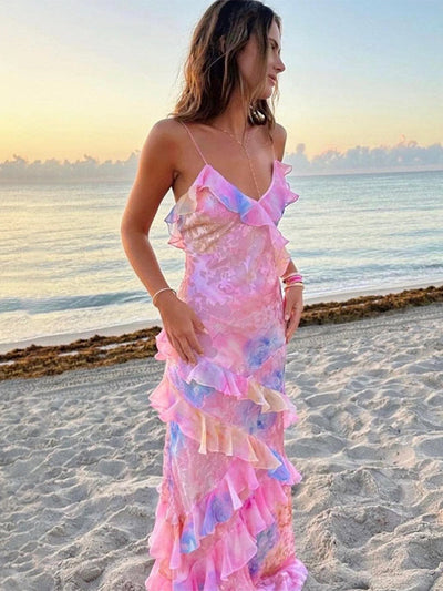 Damen Maxikleid für den Sommer mit V-Ausschnitt und Spaghettiträgern