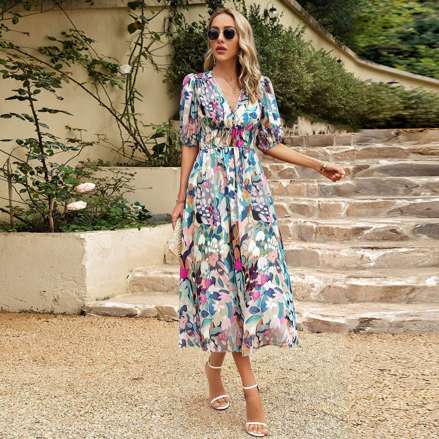 Damen Midi-Kleid mit V-Ausschnitt und 3/4-langen Puffärmeln