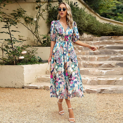 Damen Midi-Kleid mit V-Ausschnitt und 3/4-langen Puffärmeln