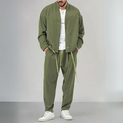 Geknöpftes Cardigan- & Kordelzug-Hosen-Set für Herren
