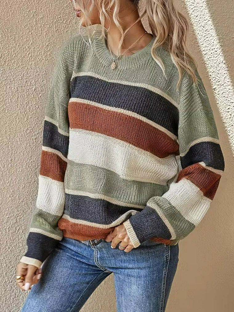 Damen Strickpullover mit Streifen im Lockeren Stil
