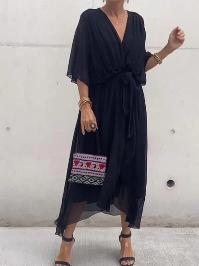 Damen Wickel-Midi-Kleid mit V-Ausschnitt und 3/4-Ärmeln