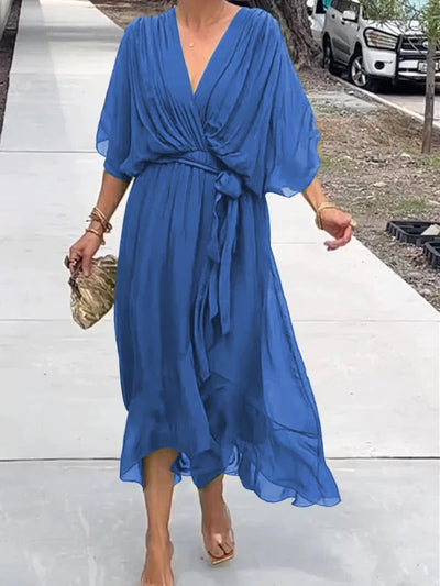 Damen Wickel-Midi-Kleid mit V-Ausschnitt und 3/4-Ärmeln