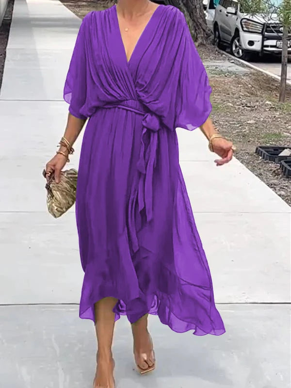 Damen Wickel-Midi-Kleid mit V-Ausschnitt und 3/4-Ärmeln