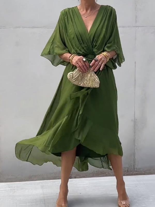 Damen Wickel-Midi-Kleid mit V-Ausschnitt und 3/4-Ärmeln
