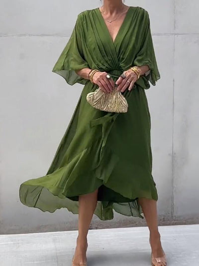 Damen Wickel-Midi-Kleid mit V-Ausschnitt und 3/4-Ärmeln