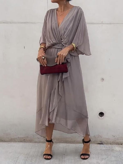 Damen Wickel-Midi-Kleid mit V-Ausschnitt und 3/4-Ärmeln
