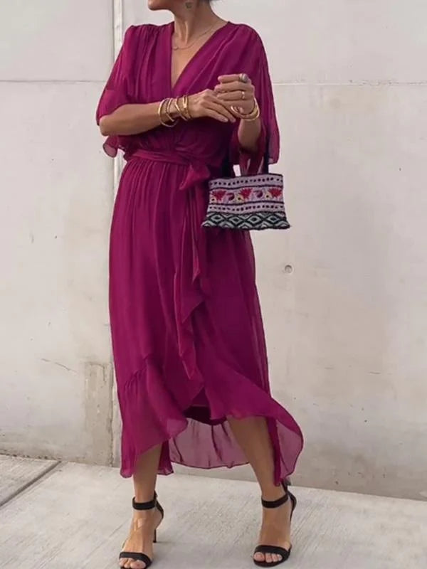 Damen Wickel-Midi-Kleid mit V-Ausschnitt und 3/4-Ärmeln