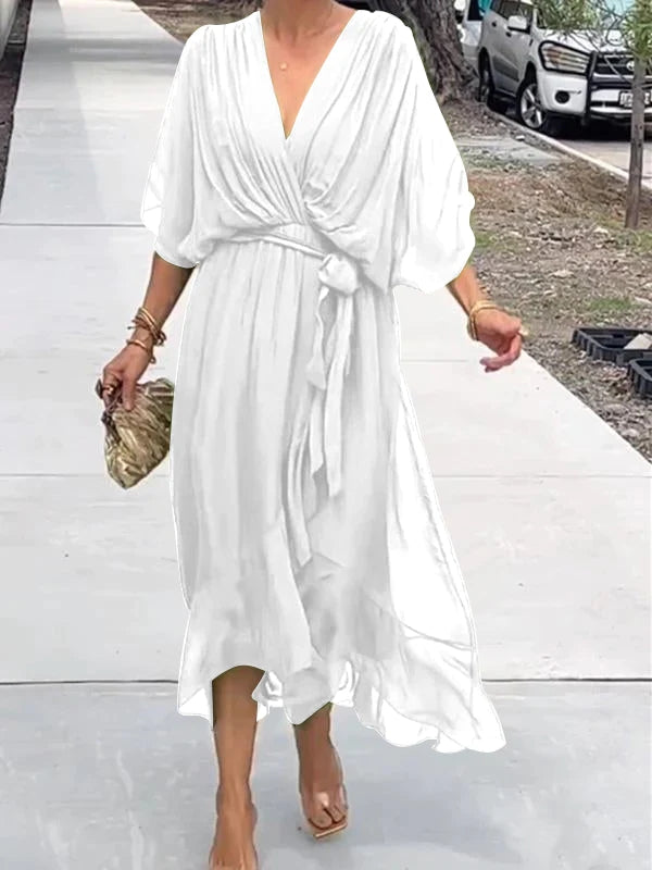 Damen Wickel-Midi-Kleid mit V-Ausschnitt und 3/4-Ärmeln