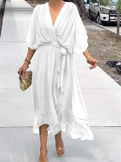 Damen Wickel-Midi-Kleid mit V-Ausschnitt und 3/4-Ärmeln