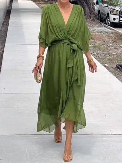 Damen Wickel-Midi-Kleid mit V-Ausschnitt und 3/4-Ärmeln