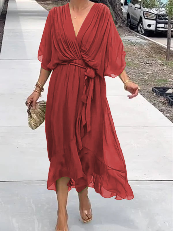 Damen Wickel-Midi-Kleid mit V-Ausschnitt und 3/4-Ärmeln