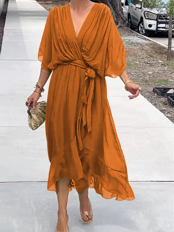 Damen Wickel-Midi-Kleid mit V-Ausschnitt und 3/4-Ärmeln