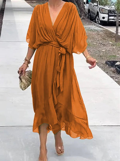 Damen Wickel-Midi-Kleid mit V-Ausschnitt und 3/4-Ärmeln