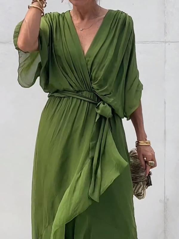 Damen Wickel-Midi-Kleid mit V-Ausschnitt und 3/4-Ärmeln