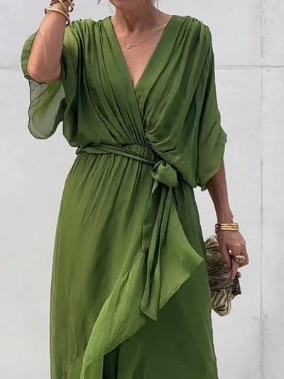 Damen Wickel-Midi-Kleid mit V-Ausschnitt und 3/4-Ärmeln