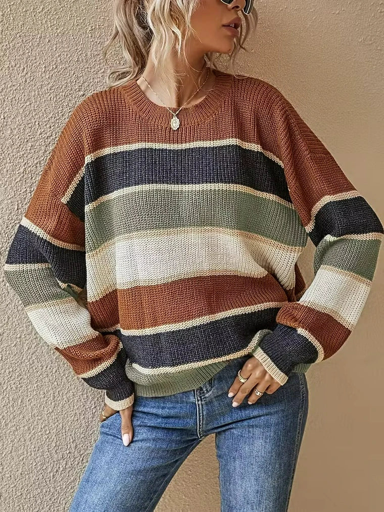 Damen Strickpullover mit Streifen im Lockeren Stil