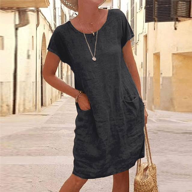 Damen Sommerkleid aus Leinen mit kurzen Ärmeln