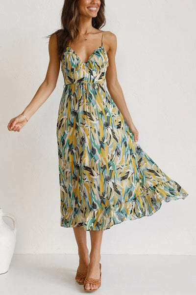 Damen Sommer Midikleid mit V-Ausschnitt und Spaghettiträgern