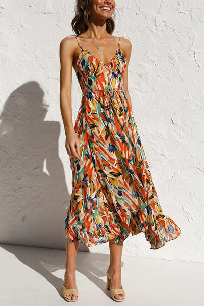 Damen Sommer Midikleid mit V-Ausschnitt und Spaghettiträgern