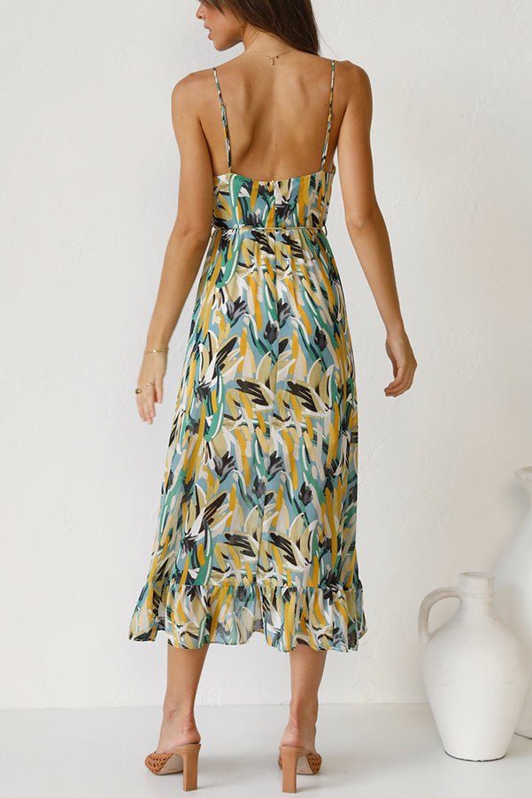 Damen Sommer Midikleid mit V-Ausschnitt und Spaghettiträgern