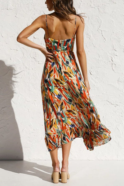 Damen Sommer Midikleid mit V-Ausschnitt und Spaghettiträgern