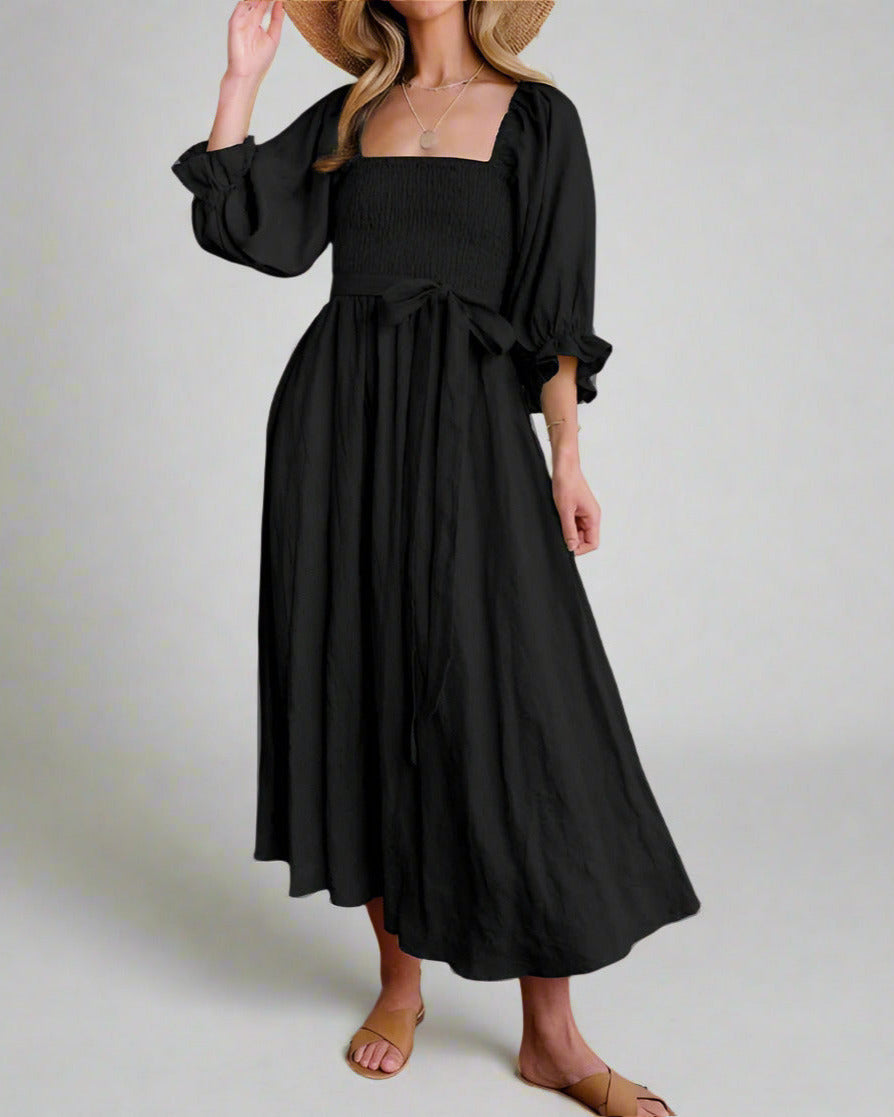 Damen Midikleid für den Sommer mit langen Ärmeln und V-Ausschnitt