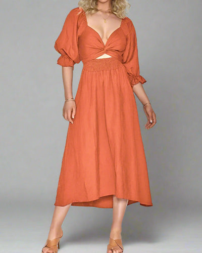 Damen Midikleid für den Sommer mit langen Ärmeln und V-Ausschnitt