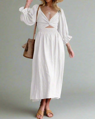 Damen Midikleid für den Sommer mit langen Ärmeln und V-Ausschnitt