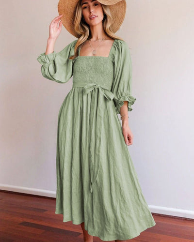 Damen Midikleid für den Sommer mit langen Ärmeln und V-Ausschnitt