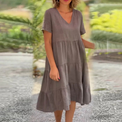 V-Ausschnitt Leinenkleid für Damen
