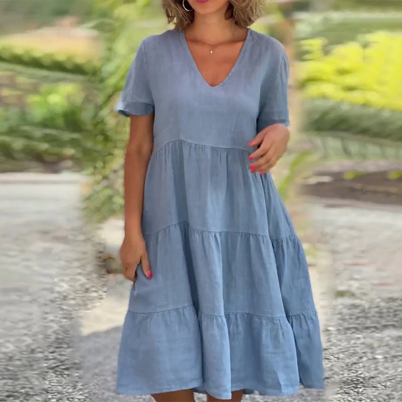 V-Ausschnitt Leinenkleid für Damen