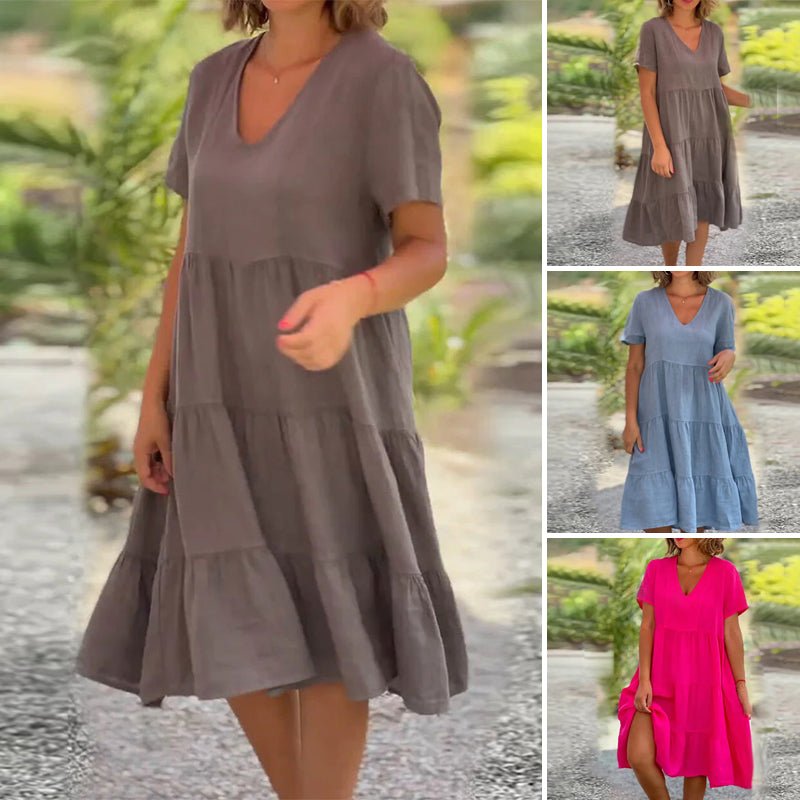 V-Ausschnitt Leinenkleid für Damen