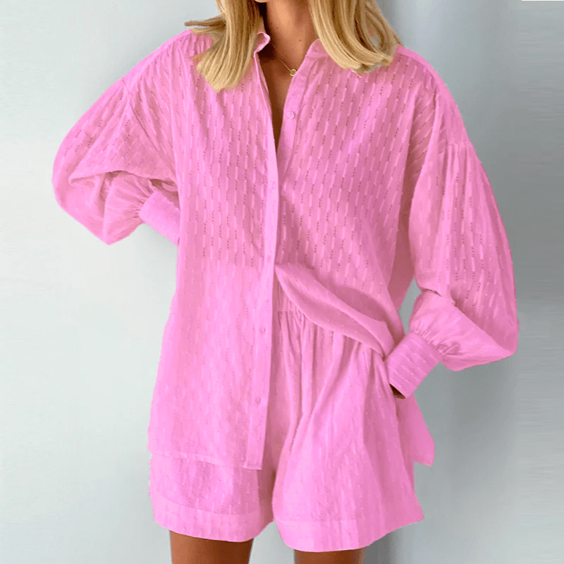 Hemd mit Knopfleiste und Shorts Set für Damen